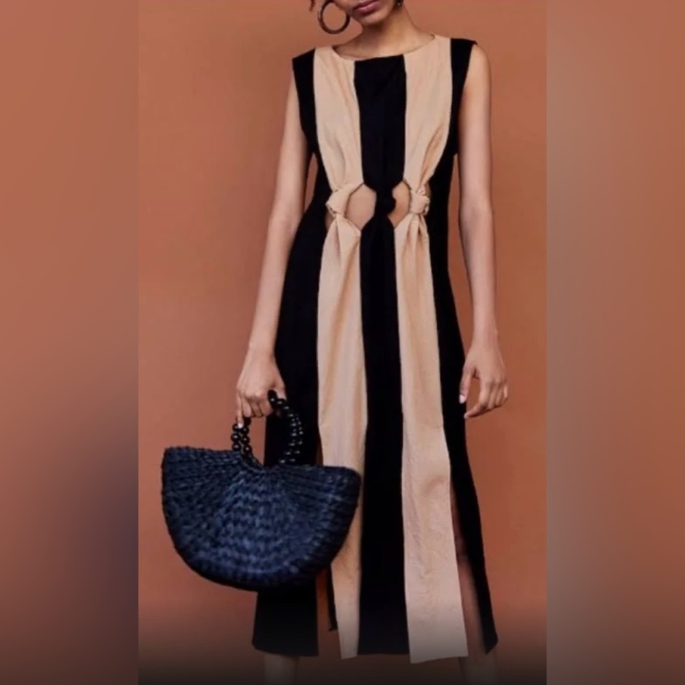 ZARA Two Tone Dress with Knot Detail Black and tan Size M NWT